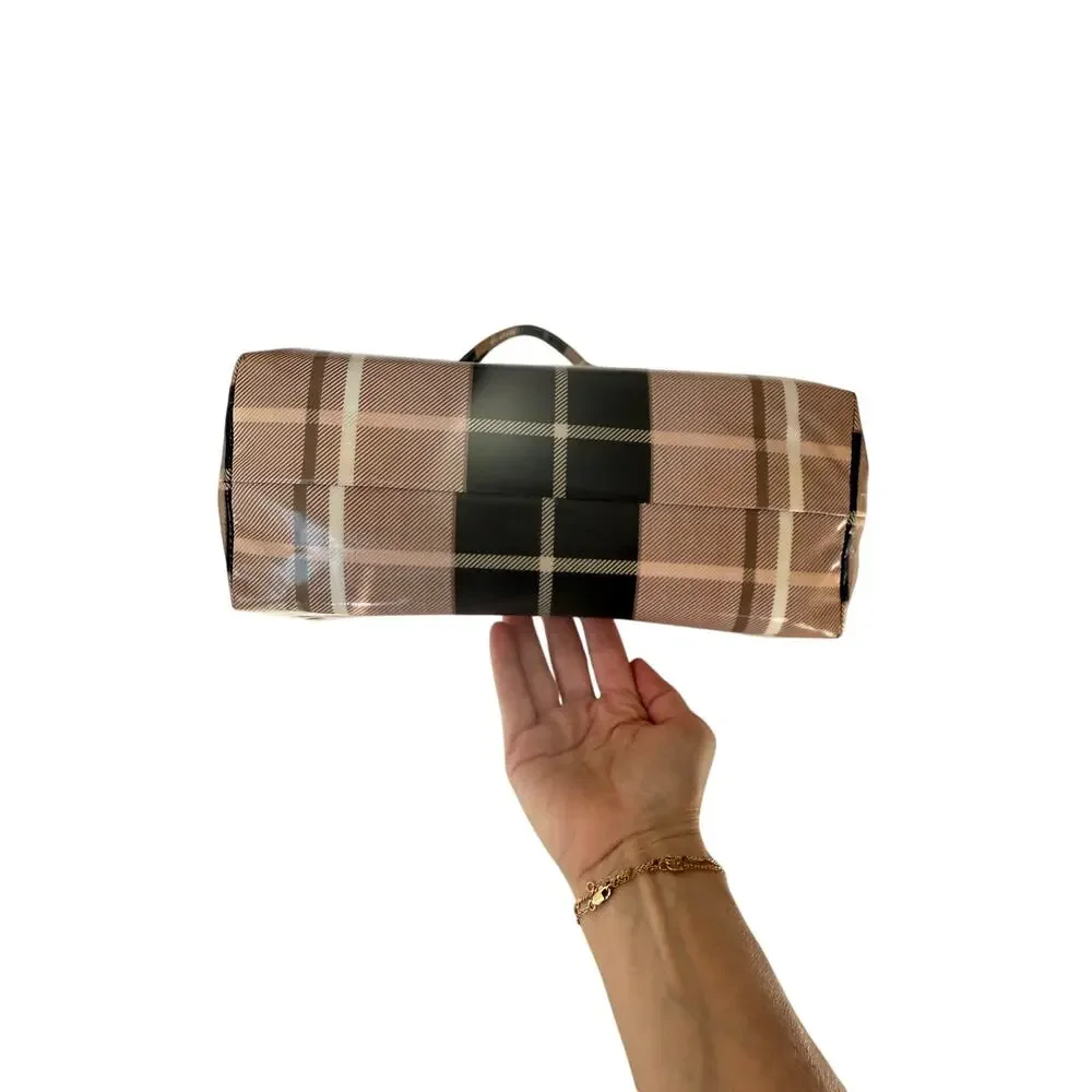 Kate Spade Bon Shopper Plaid Tote Bag Cream Taupe Coated Canvas